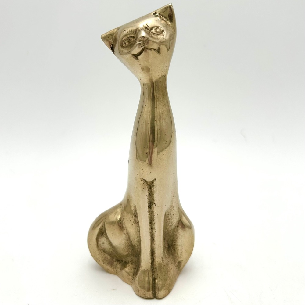 Vintage Enesco Korea Brass Cat Figurine Statue MCM 7.5"H
